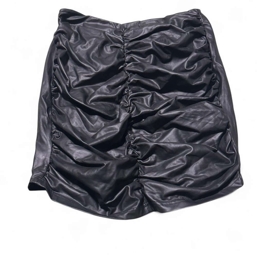 Black Ruched Faux Leather Skirt